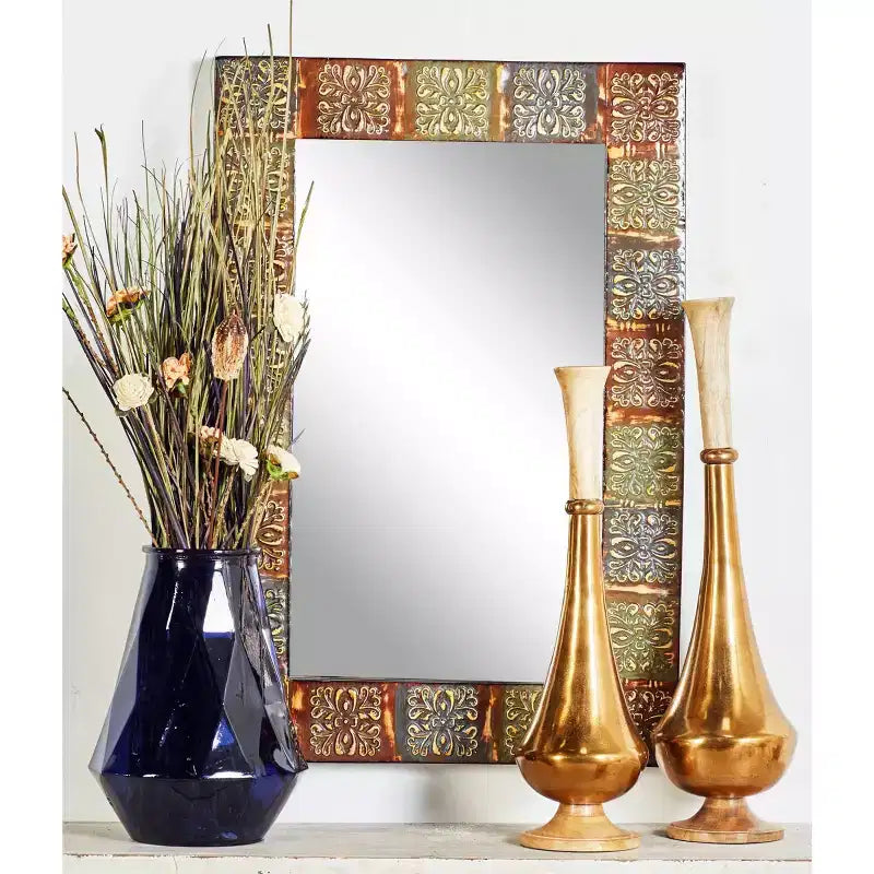 Metal Floral Wall Mirror with Embossed Metal Multi Colored - Olivia & May