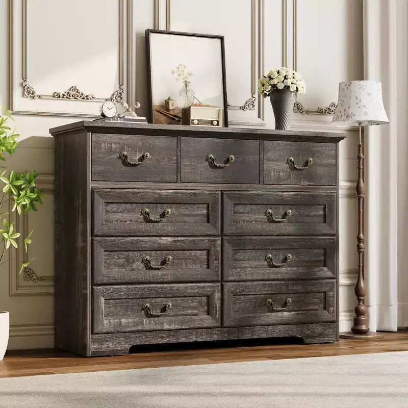 47 in 9-Drawer Wide Dressers Wood Vintage Chest of Drawers with Natural Texture and Vintage Gold Floral Handles, Farmhouse Storage for Hallway