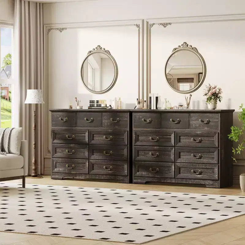 47 in 9-Drawer Wide Dressers Wood Vintage Chest of Drawers with Natural Texture and Vintage Gold Floral Handles, Farmhouse Storage for Hallway