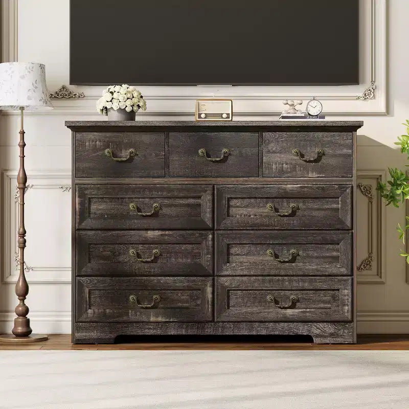 47 in 9-Drawer Wide Dressers Wood Vintage Chest of Drawers with Natural Texture and Vintage Gold Floral Handles, Farmhouse Storage for Hallway