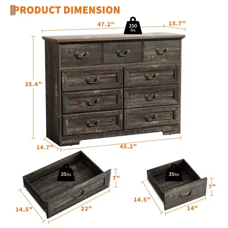 47 in 9-Drawer Wide Dressers Wood Vintage Chest of Drawers with Natural Texture and Vintage Gold Floral Handles, Farmhouse Storage for Hallway