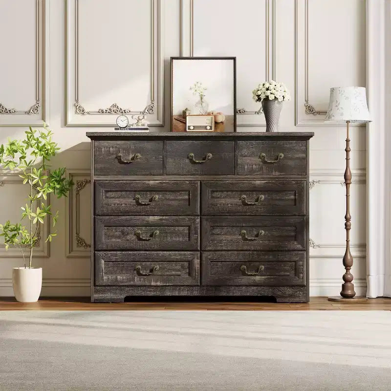 47 in 9-Drawer Wide Dressers Wood Vintage Chest of Drawers with Natural Texture and Vintage Gold Floral Handles, Farmhouse Storage for Hallway