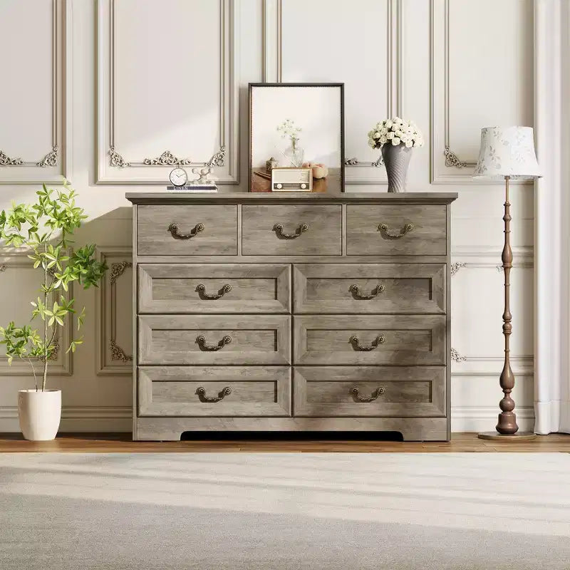 47 in 9-Drawer Wide Dressers Wood Vintage Chest of Drawers with Natural Texture and Vintage Gold Floral Handles, Farmhouse Storage for Hallway