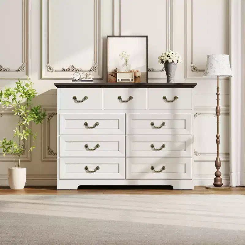 47 in 9-Drawer Wide Dressers Wood Vintage Chest of Drawers with Natural Texture and Vintage Gold Floral Handles, Farmhouse Storage for Hallway