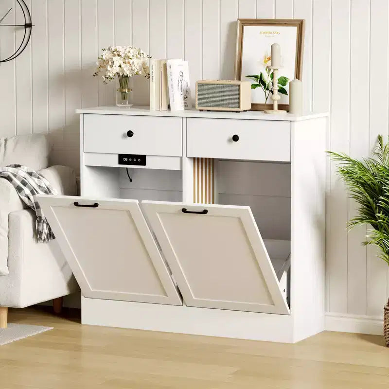 Storage Cabinet, 20 Gallon Double Tilt Trash Can Cabinet with Deodorizing Function and Hidden Drawer, Space Saving Home Kitchen Furniture