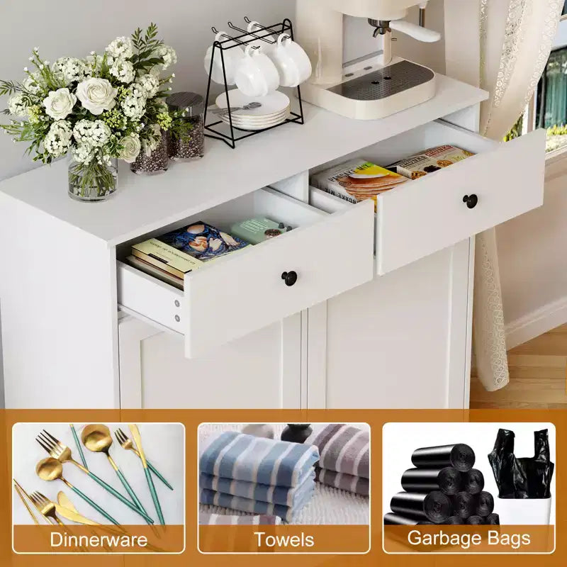 Storage Cabinet, 20 Gallon Double Tilt Trash Can Cabinet with Deodorizing Function and Hidden Drawer, Space Saving Home Kitchen Furniture