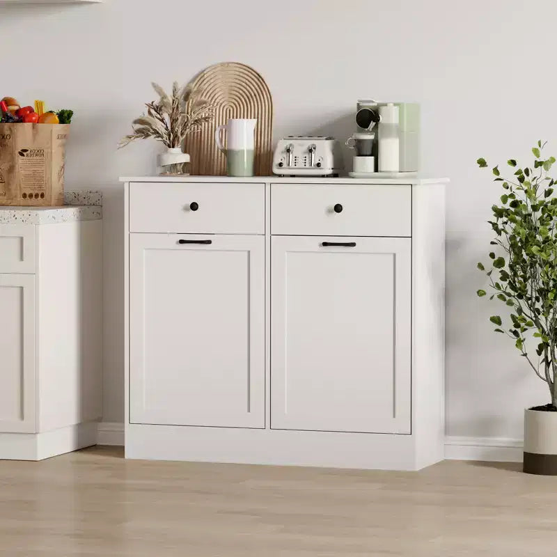 Storage Cabinet, 20 Gallon Double Tilt Trash Can Cabinet with Deodorizing Function and Hidden Drawer, Space Saving Home Kitchen Furniture