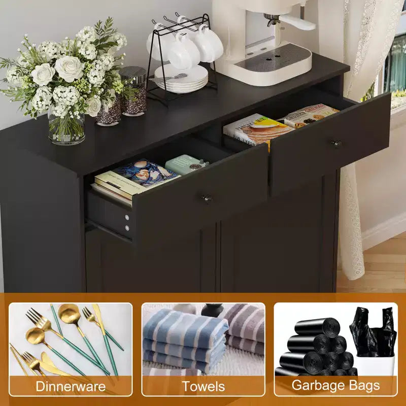 Storage Cabinet, 20 Gallon Double Tilt Trash Can Cabinet with Deodorizing Function and Hidden Drawer, Space Saving Home Kitchen Furniture