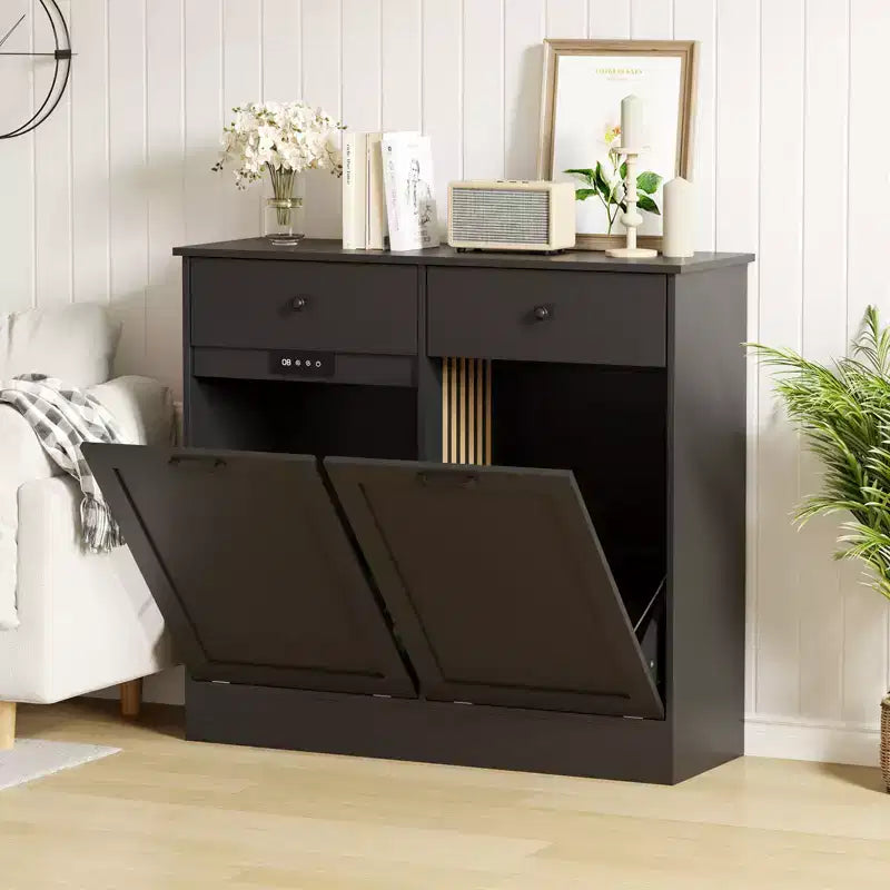 Storage Cabinet, 20 Gallon Double Tilt Trash Can Cabinet with Deodorizing Function and Hidden Drawer, Space Saving Home Kitchen Furniture