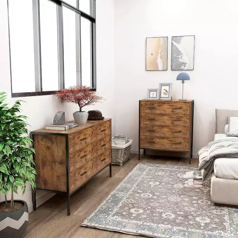 4 Drawer Dresser for Bedroom, Vertical Industrial Chest of Drawers with Steel Frame, Retro Wooden Nursery Dresser for Living Room Apartment Hallway