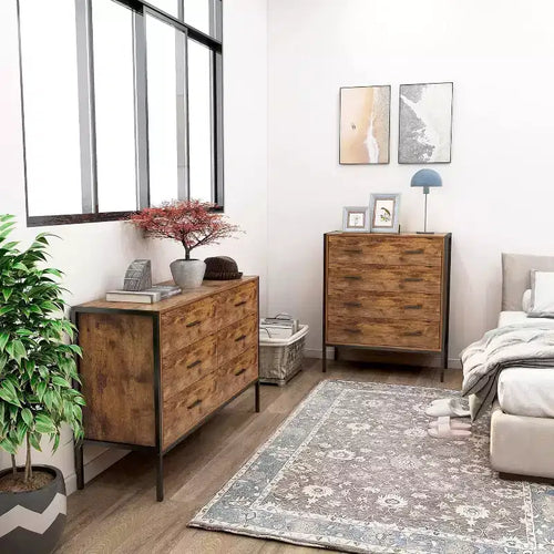 4 Drawer Dresser for Bedroom, Vertical Industrial Chest of Drawers with Steel Frame, Retro Wooden Nursery Dresser for Living Room Apartment Hallway