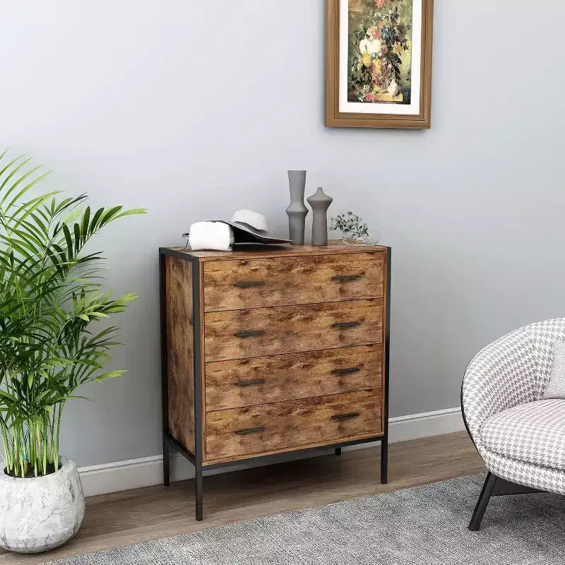 4 Drawer Dresser for Bedroom, Vertical Industrial Chest of Drawers with Steel Frame, Retro Wooden Nursery Dresser for Living Room Apartment Hallway