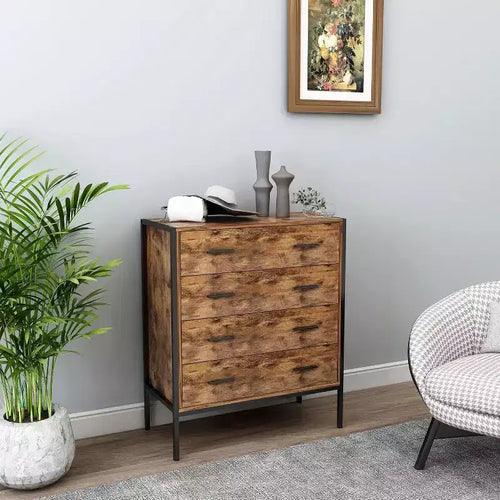 4 Drawer Dresser for Bedroom, Vertical Industrial Chest of Drawers with Steel Frame, Retro Wooden Nursery Dresser for Living Room Apartment Hallway