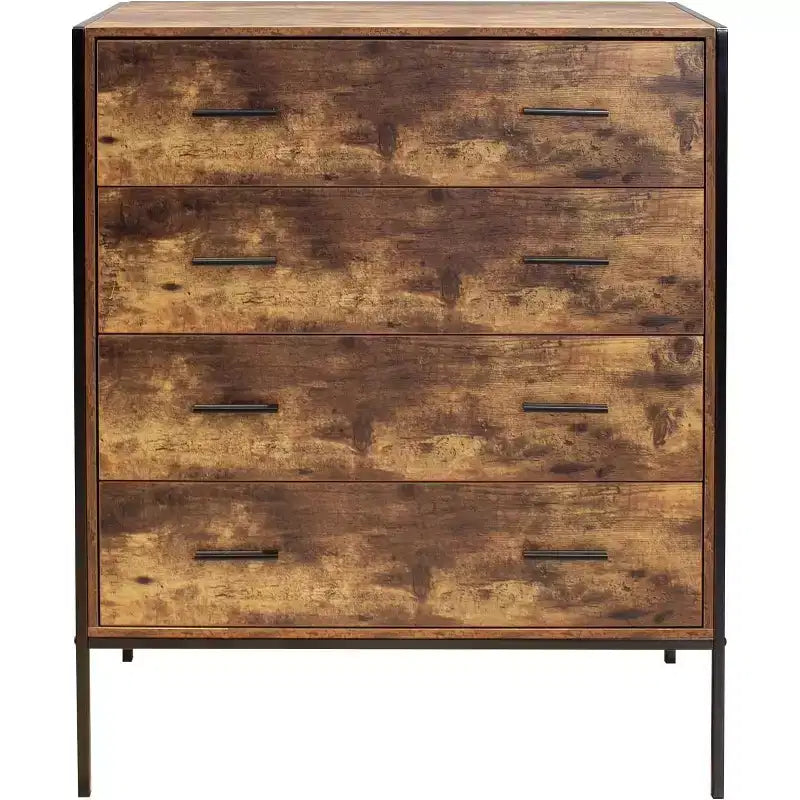 4 Drawer Dresser for Bedroom, Vertical Industrial Chest of Drawers with Steel Frame, Retro Wooden Nursery Dresser for Living Room Apartment Hallway