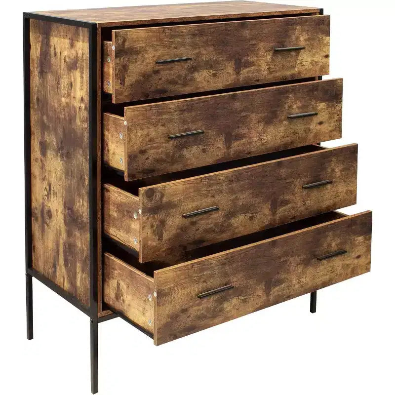 4 Drawer Dresser for Bedroom, Vertical Industrial Chest of Drawers with Steel Frame, Retro Wooden Nursery Dresser for Living Room Apartment Hallway