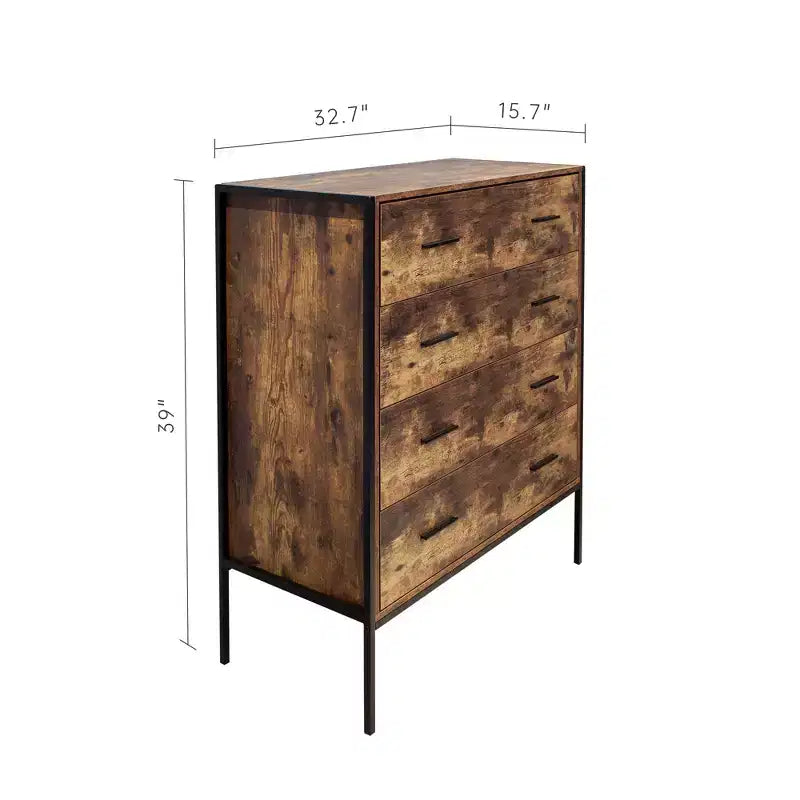 4 Drawer Dresser for Bedroom, Vertical Industrial Chest of Drawers with Steel Frame, Retro Wooden Nursery Dresser for Living Room Apartment Hallway