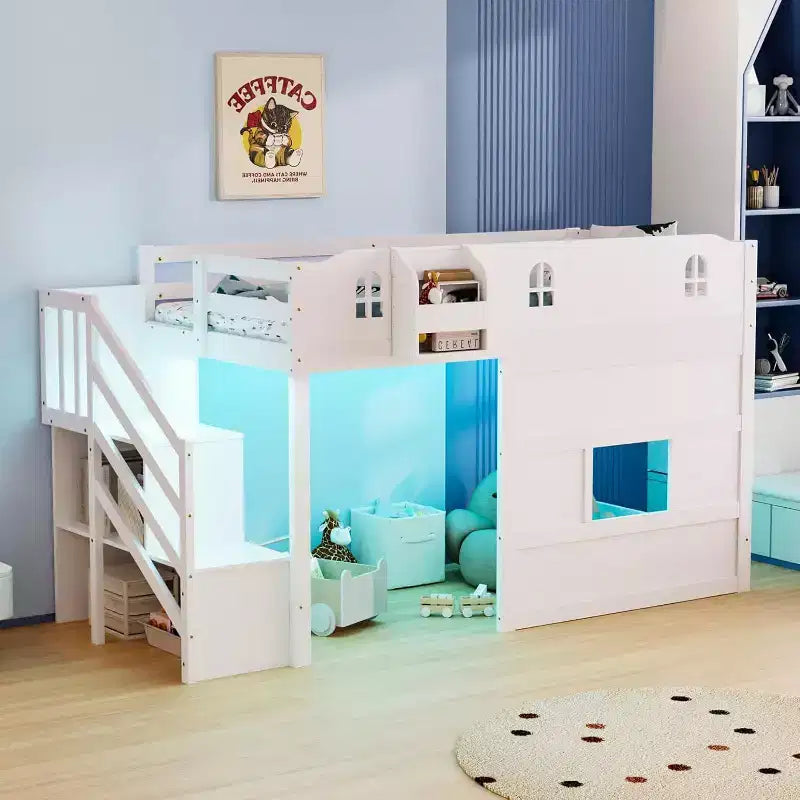 JOYMOR Low Loft Bed with Led Light, Loft Bed Twin Size with Castle Guardrail and Window, Staircase and Book Rack, Smart APP Control