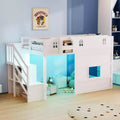 JOYMOR Low Loft Bed with Led Light, Loft Bed Twin Size with Castle Guardrail and Window, Staircase and Book Rack, Smart APP Control