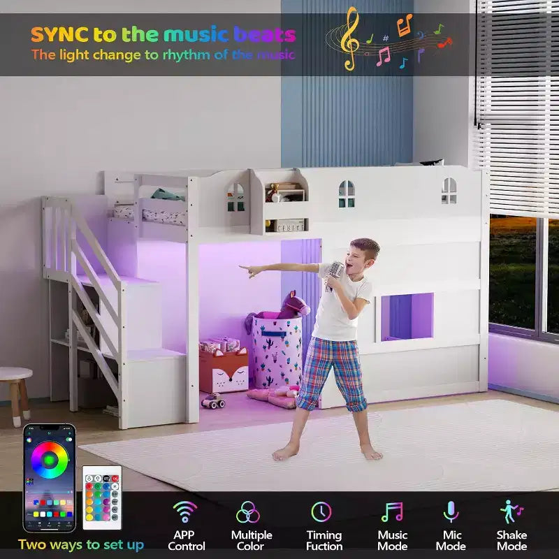 Low Loft Bed with Led Light, Loft Bed Twin Size with Castle Guardrail and Window, Staircase and Book Rack, Smart APP Control