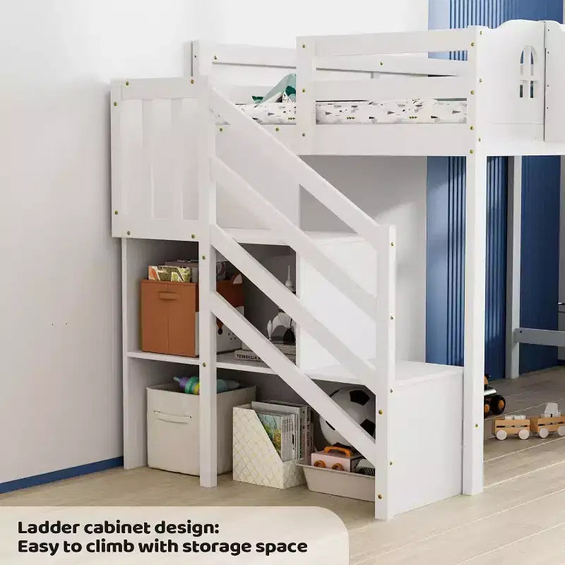 Low Loft Bed with Led Light, Loft Bed Twin Size with Castle Guardrail and Window, Staircase and Book Rack, Smart APP Control