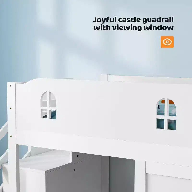 Low Loft Bed with Led Light, Loft Bed Twin Size with Castle Guardrail and Window, Staircase and Book Rack, Smart APP Control