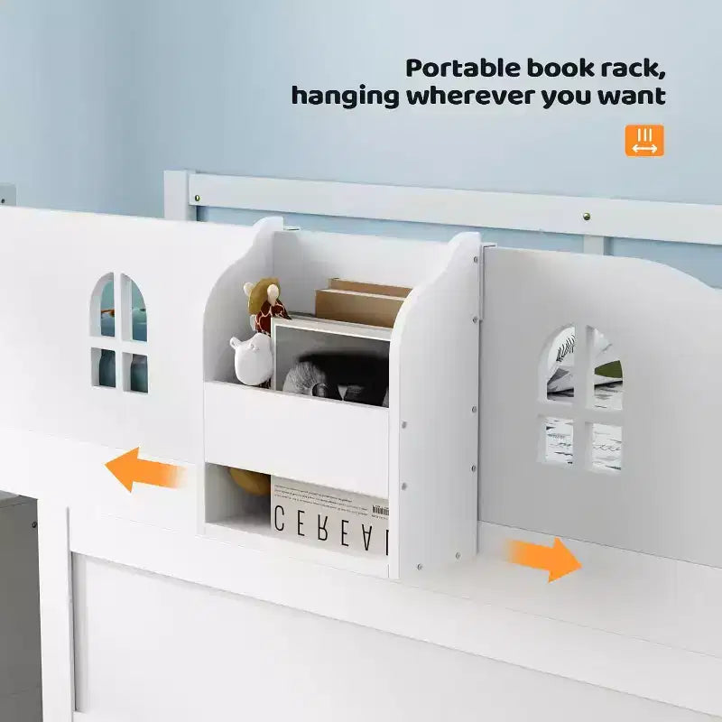 Low Loft Bed with Led Light, Loft Bed Twin Size with Castle Guardrail and Window, Staircase and Book Rack, Smart APP Control