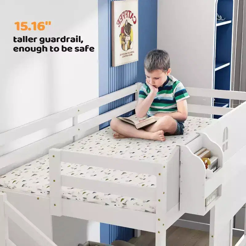 Low Loft Bed with Led Light, Loft Bed Twin Size with Castle Guardrail and Window, Staircase and Book Rack, Smart APP Control