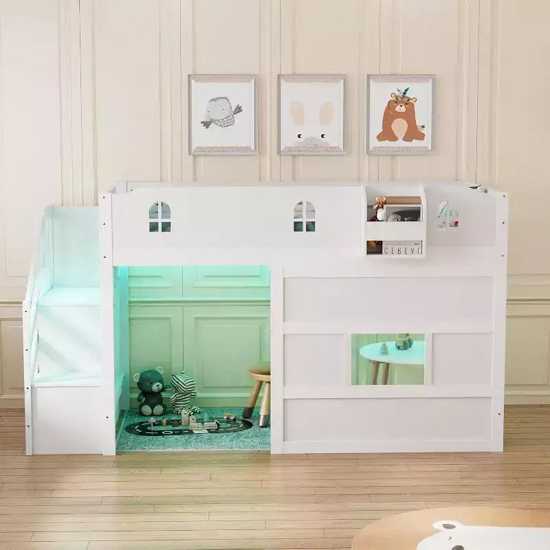 Low Loft Bed with Led Light, Loft Bed Twin Size with Castle Guardrail and Window, Staircase and Book Rack, Smart APP Control