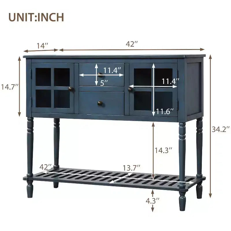 Farmhouse Entryway Table with Bottom Shelf, Console Table with 2 Drawers and 2 Glass Doors, Entry Table for Living Room, Entryway, Hallway