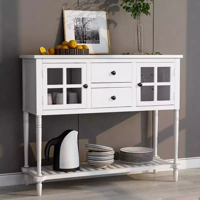 Farmhouse Entryway Table with Bottom Shelf, Console Table with 2 Drawers and 2 Glass Doors, Entry Table for Living Room, Entryway, Hallway