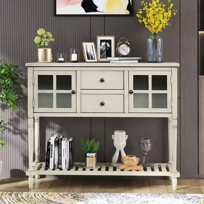 Farmhouse Entryway Table with Bottom Shelf, Console Table with 2 Drawers and 2 Glass Doors, Entry Table for Living Room, Entryway, Hallway