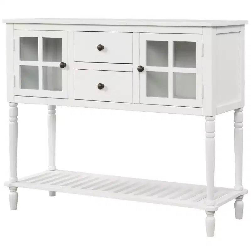 Farmhouse Entryway Table with Bottom Shelf, Console Table with 2 Drawers and 2 Glass Doors, Entry Table for Living Room, Entryway, Hallway