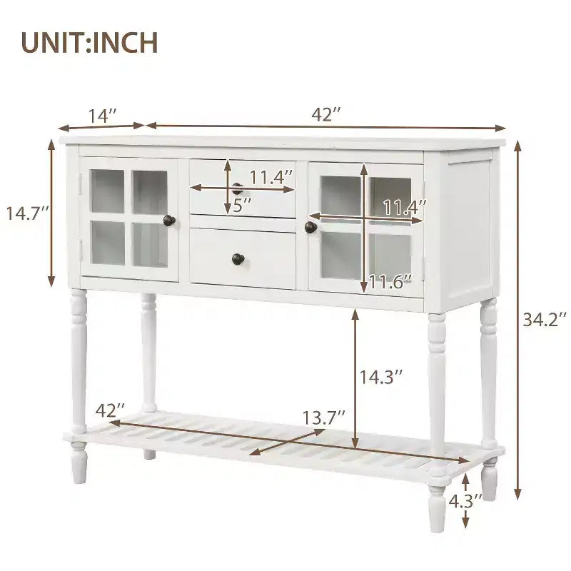 Farmhouse Entryway Table with Bottom Shelf, Console Table with 2 Drawers and 2 Glass Doors, Entry Table for Living Room, Entryway, Hallway