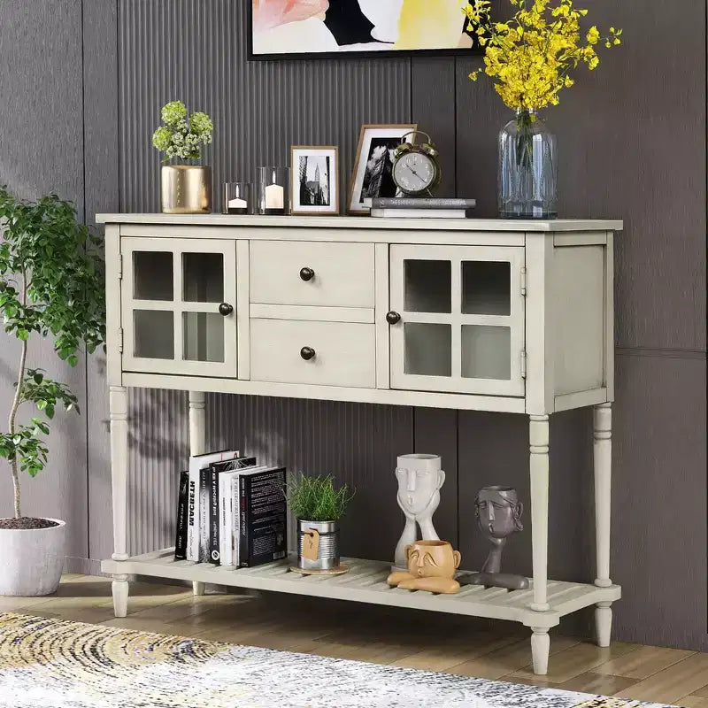 Farmhouse Entryway Table with Bottom Shelf, Console Table with 2 Drawers and 2 Glass Doors, Entry Table for Living Room, Entryway, Hallway