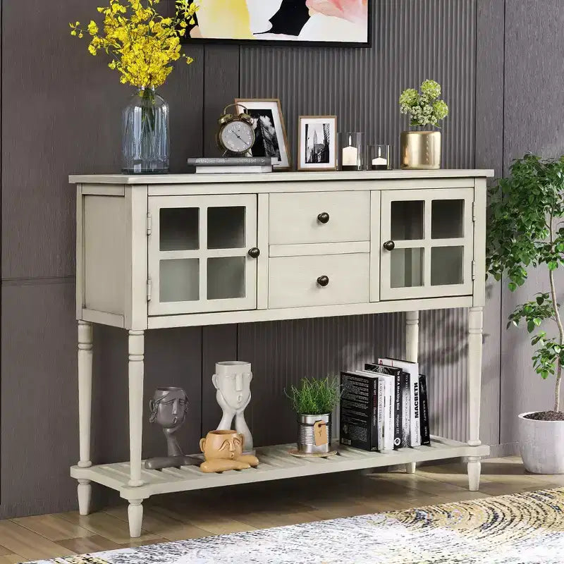 Farmhouse Entryway Table with Bottom Shelf, Console Table with 2 Drawers and 2 Glass Doors, Entry Table for Living Room, Entryway, Hallway