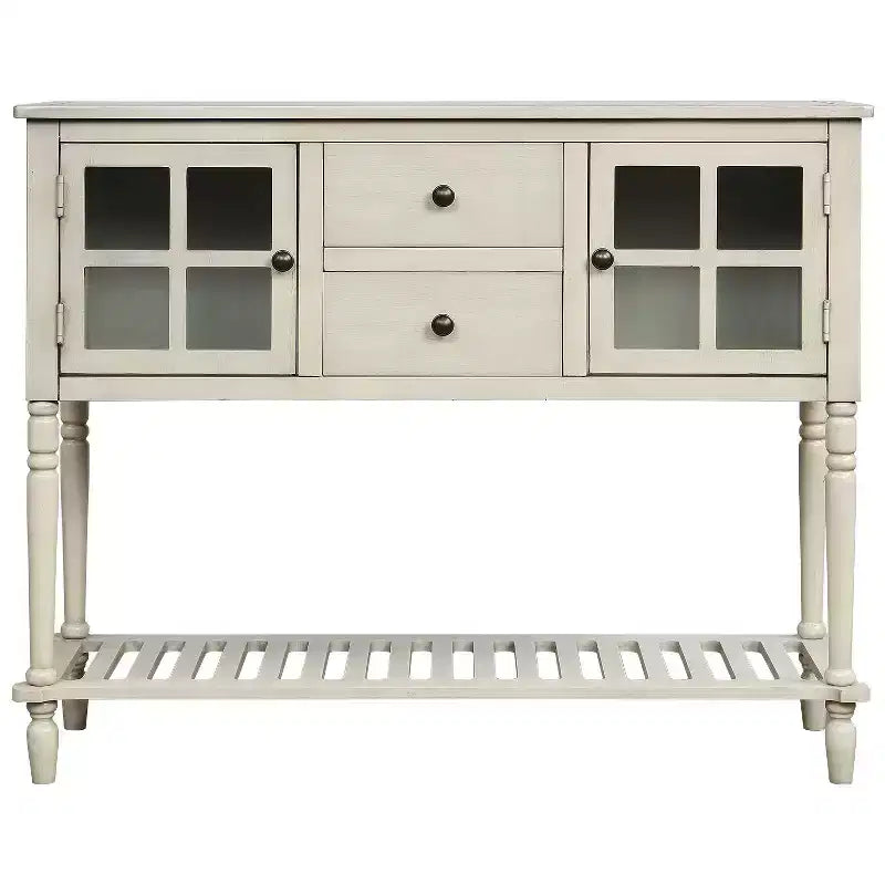 Farmhouse Entryway Table with Bottom Shelf, Console Table with 2 Drawers and 2 Glass Doors, Entry Table for Living Room, Entryway, Hallway