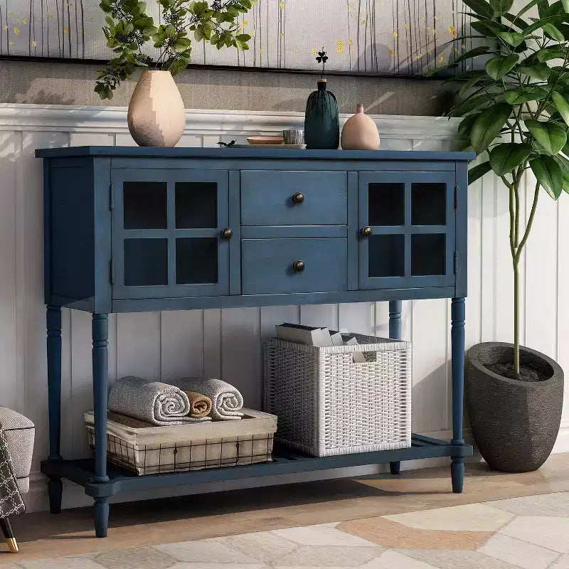 Farmhouse Entryway Table with Bottom Shelf, Console Table with 2 Drawers and 2 Glass Doors, Entry Table for Living Room, Entryway, Hallway