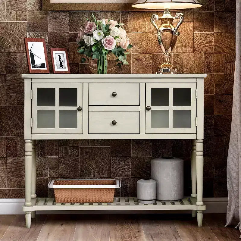 Okak Farmhouse Entryway Table with Bottom Shelf, Console Table with 2 Drawers and 2 Glass Doors, Entry Table for Living Room, Entryway, Hallway