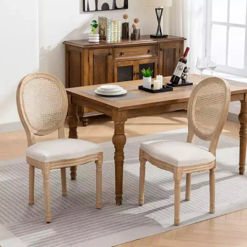 TUYOHW Sleek King Louis Chairs with Rattan Back,Set of 2,Soft Linen Dining Chairs with Rubberwood Legs,French Style Side Chairs,Home Decor