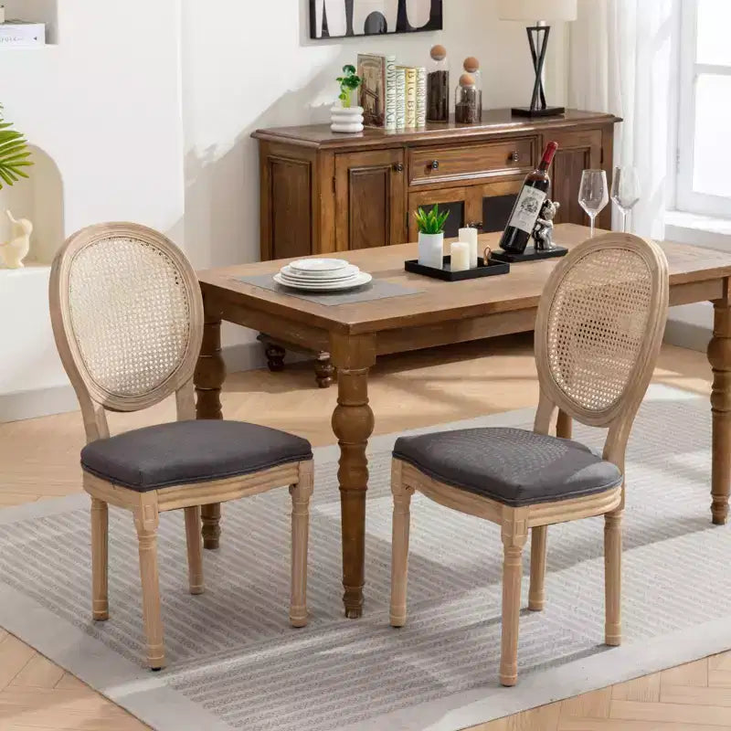 Élégantes Chaises Louis XVI avec Dossier en Rotin, Lot de 2, Chaises de Salle à Manger en Lin Doux avec Pieds en Bois d'Hévéa, Chaises d'Appoint de Style Français, Décoration Intérieure