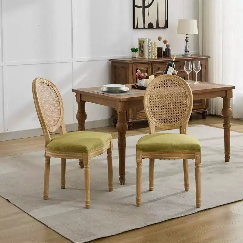Élégantes Chaises Louis XVI avec Dossier en Rotin, Lot de 2, Chaises de Salle à Manger en Lin Doux avec Pieds en Bois d'Hévéa, Chaises d'Appoint de Style Français, Décoration Intérieure