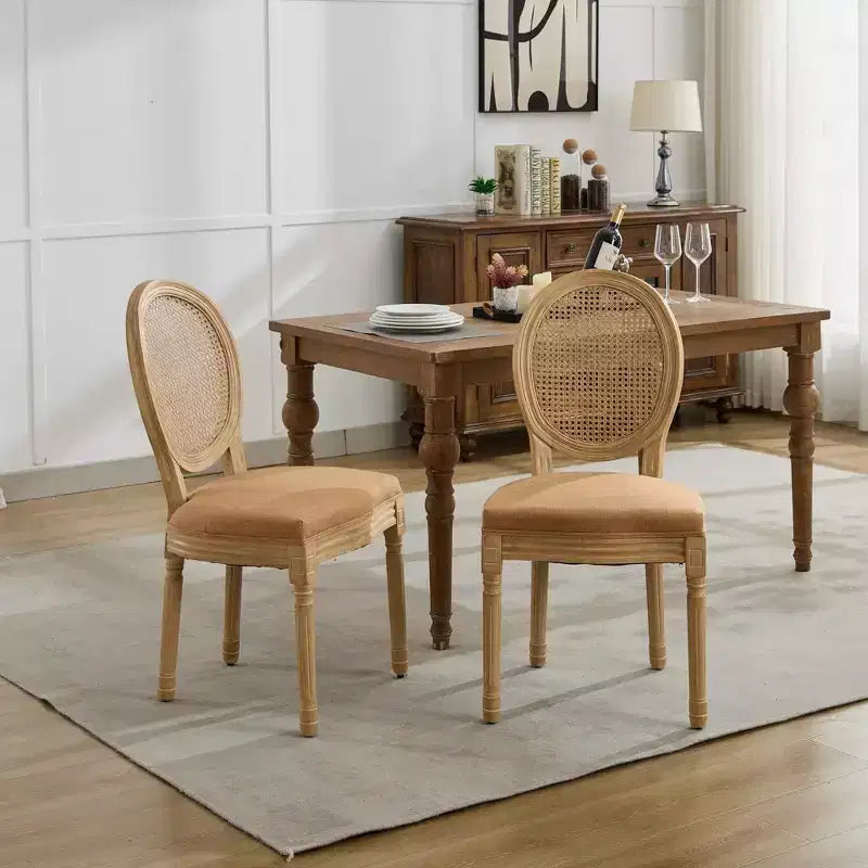 Élégantes Chaises Louis XVI avec Dossier en Rotin, Lot de 2, Chaises de Salle à Manger en Lin Doux avec Pieds en Bois d'Hévéa, Chaises d'Appoint de Style Français, Décoration Intérieure