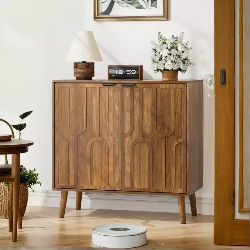 Mid-Century Modern Accent Storage Cabinet with Doors and Shelves, Small Sideboard Kitchen or Living Room Cabinet Organizer