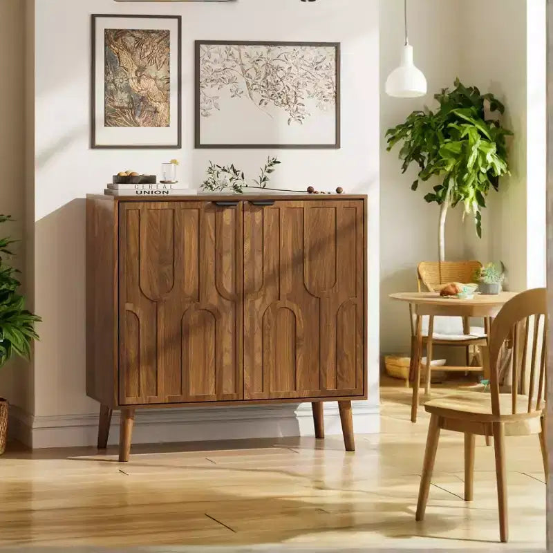 Mid-Century Modern Accent Storage Cabinet with Doors and Shelves, Small Sideboard Kitchen or Living Room Cabinet Organizer
