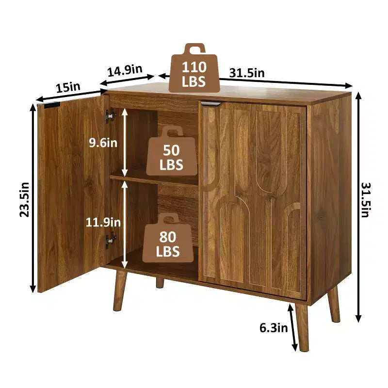 Mid-Century Modern Accent Storage Cabinet with Doors and Shelves, Small Sideboard Kitchen or Living Room Cabinet Organizer