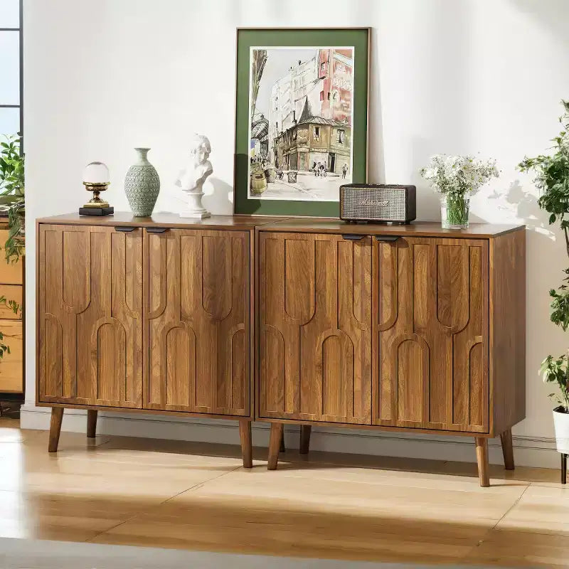 Mid-Century Modern Accent Storage Cabinet with Doors and Shelves, Small Sideboard Kitchen or Living Room Cabinet Organizer