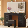 COZONY Makeup Vanity Desk with Mirror & Soft Stool, 10 Storage Drawers, Hair Dryer Holder & 3-Color Adjustable Lights, Dressing Table for Bedroom