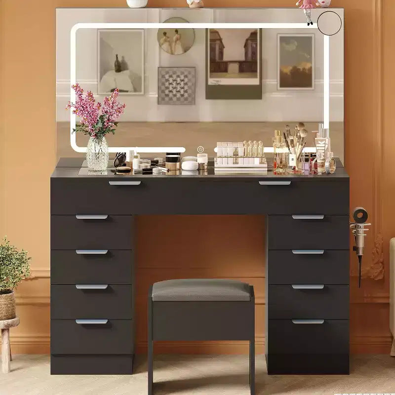 Makeup Vanity Desk with Mirror & Soft Stool, 10 Storage Drawers, Hair Dryer Holder & 3-Color Adjustable Lights, Dressing Table for Bedroom