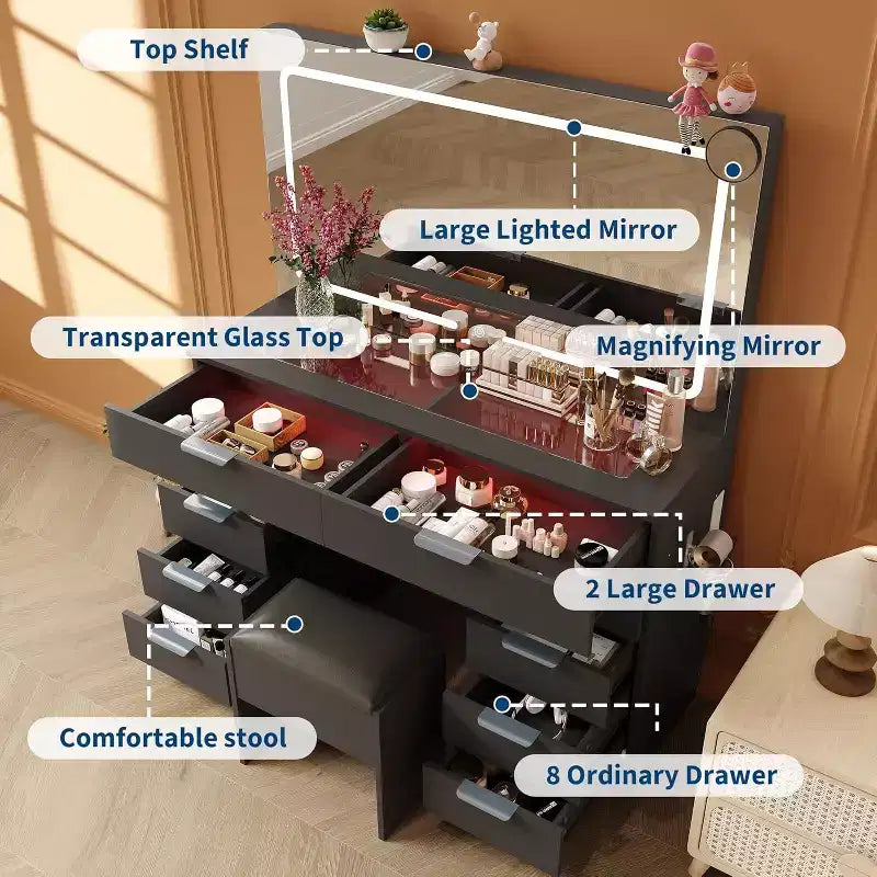 Makeup Vanity Desk with Mirror & Soft Stool, 10 Storage Drawers, Hair Dryer Holder & 3-Color Adjustable Lights, Dressing Table for Bedroom