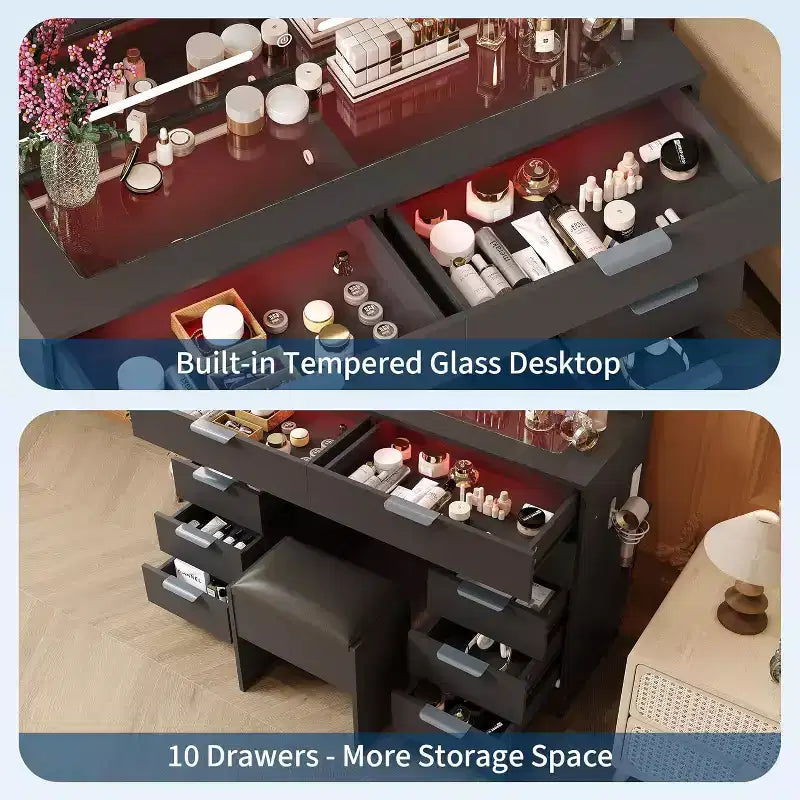 Makeup Vanity Desk with Mirror & Soft Stool, 10 Storage Drawers, Hair Dryer Holder & 3-Color Adjustable Lights, Dressing Table for Bedroom